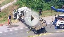SKY 5 Aerials: Two Trucks Hauling Fuel, Gas Overturn In Crash